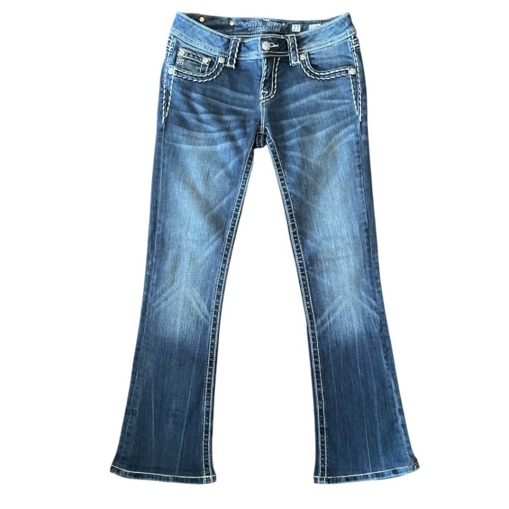 Miss Me Womens Signature Bootcut Jeans Size 27 Distressed Denim With Embroidered